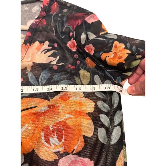 Sheer Floral Long Sleeve Open Front Longline Beach Summer Chic Coverup, size XL - Picture 3 of 6